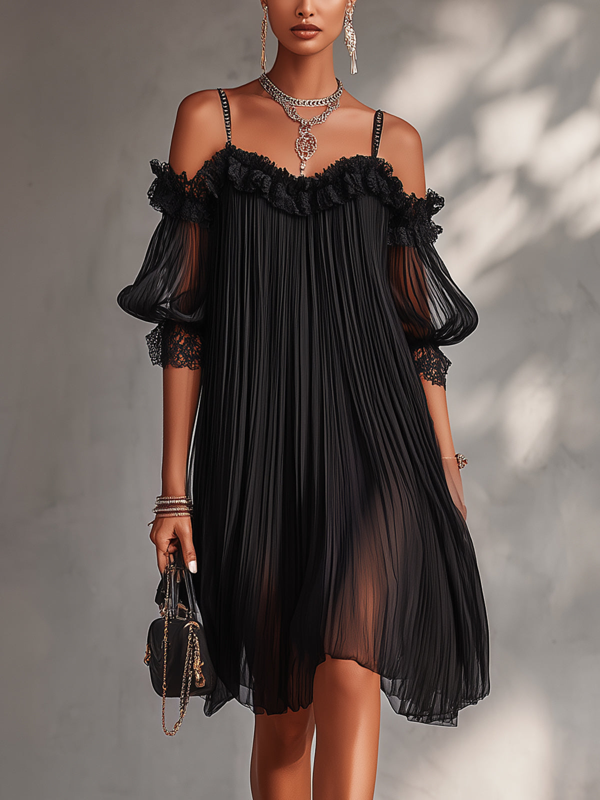 VITTORIA | MINI VESTIDO NEGRO DE MUSELINA CON HOMBROS DESCUBIERTOS Y BORDES DE ENCAJE