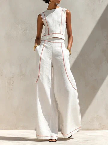 VITTORIA | CONJUNTO BLANCO CON TOP SIN MANGAS Y PANTALON DE PERNERA ANCHA
