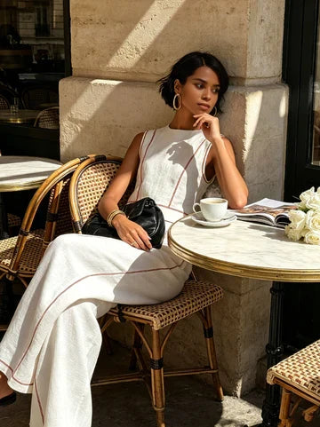 VITTORIA | CONJUNTO BLANCO CON TOP SIN MANGAS Y PANTALON DE PERNERA ANCHA