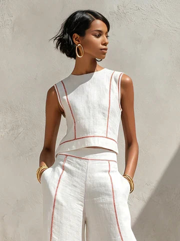 VITTORIA | CONJUNTO BLANCO CON TOP SIN MANGAS Y PANTALON DE PERNERA ANCHA