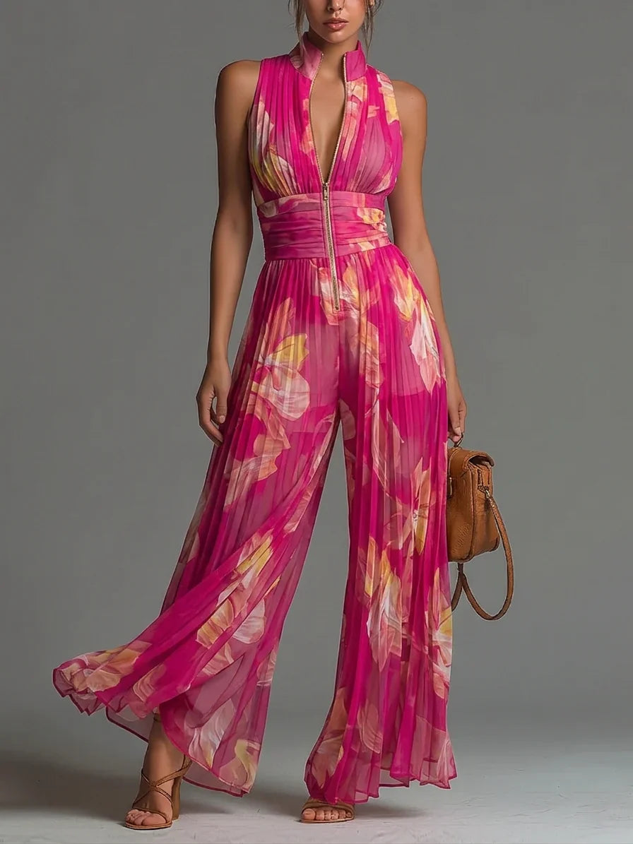 ZAKIRA | MONO CON CUELLO HALTER PLISADO Y PERNERA ANCHA