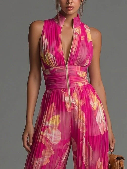 ZAKIRA | MONO CON CUELLO HALTER PLISADO Y PERNERA ANCHA
